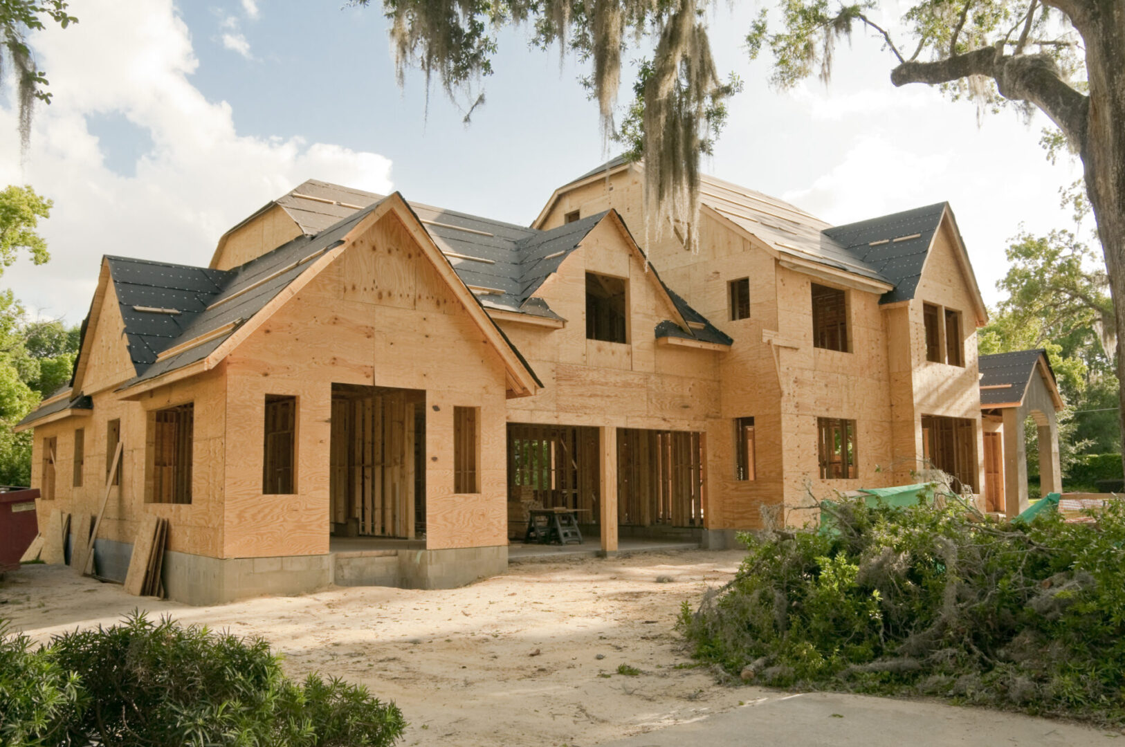 House under construction with wooden framework