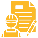 Construction worker icon with document and pencil.