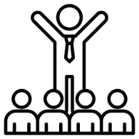 Leader standing triumphantly above team members