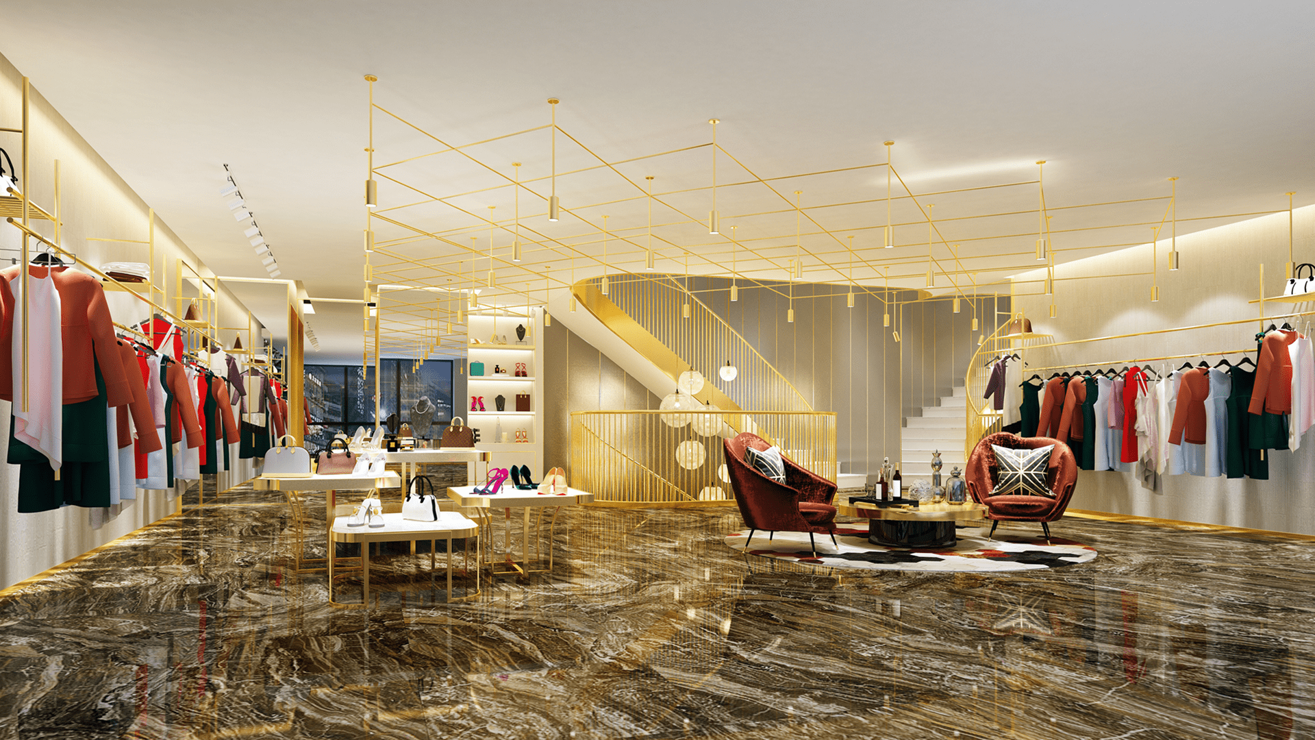 Luxury clothing boutique interior with marble floor